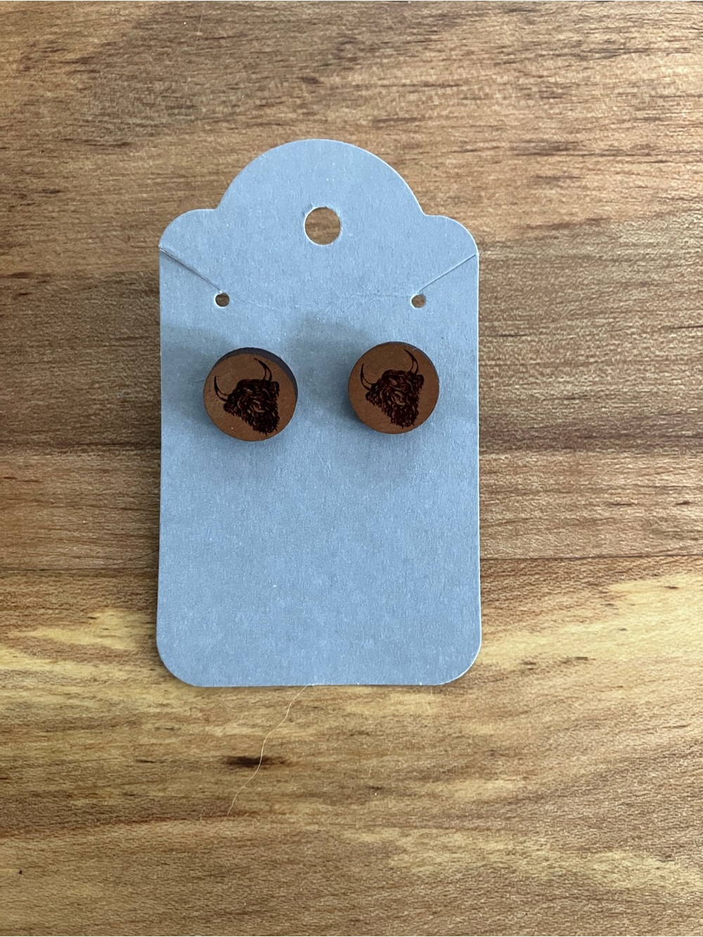 Wooden Stud Earrings with Highland Cow Design - Unworn